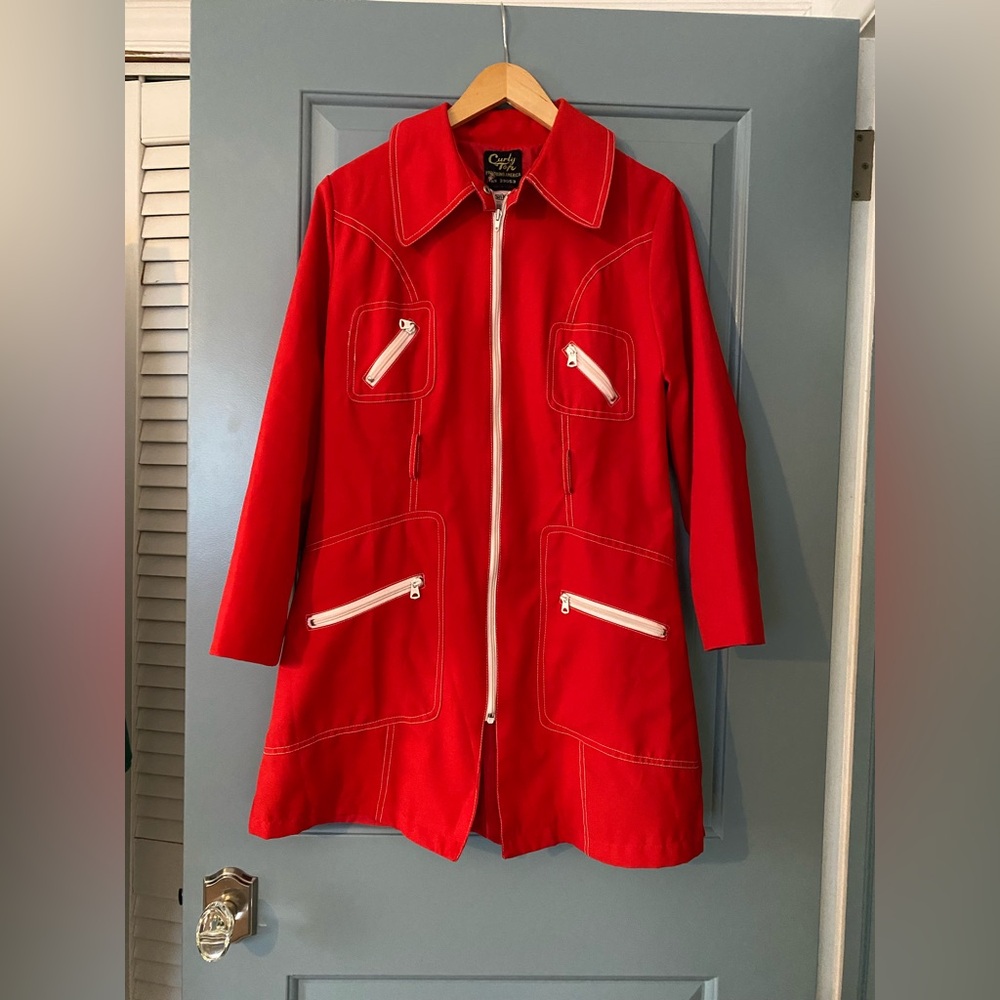 Vintage retro trench zip up red jacket with contrasting  white zippers XS  Small